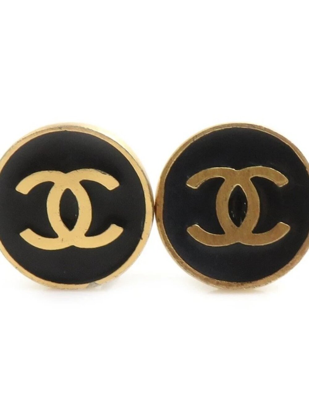 Auth CHANEL CC Logo Clip on Earrings Gold/Black Metal/Enamel